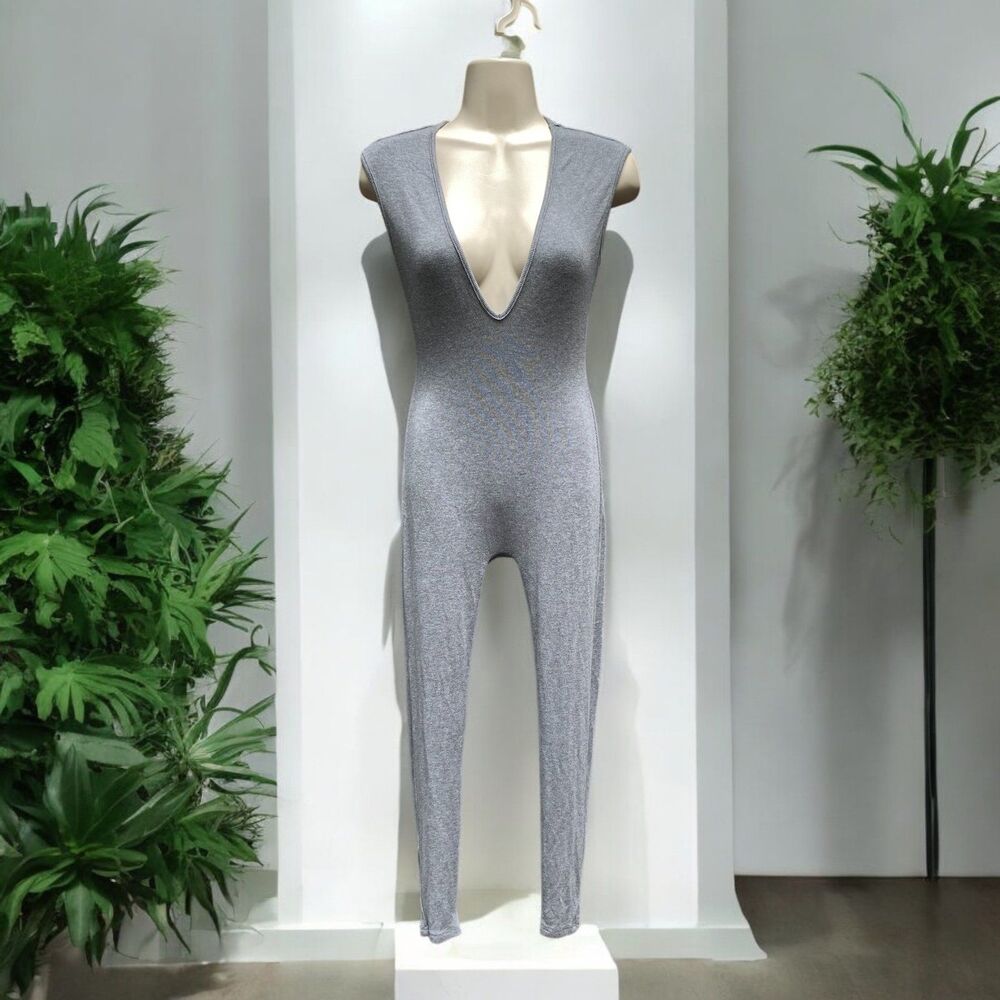 Gray Ribbed Knit Plunge Sleeveless Jumpsuit S Stretchy Bodycon Catsuit